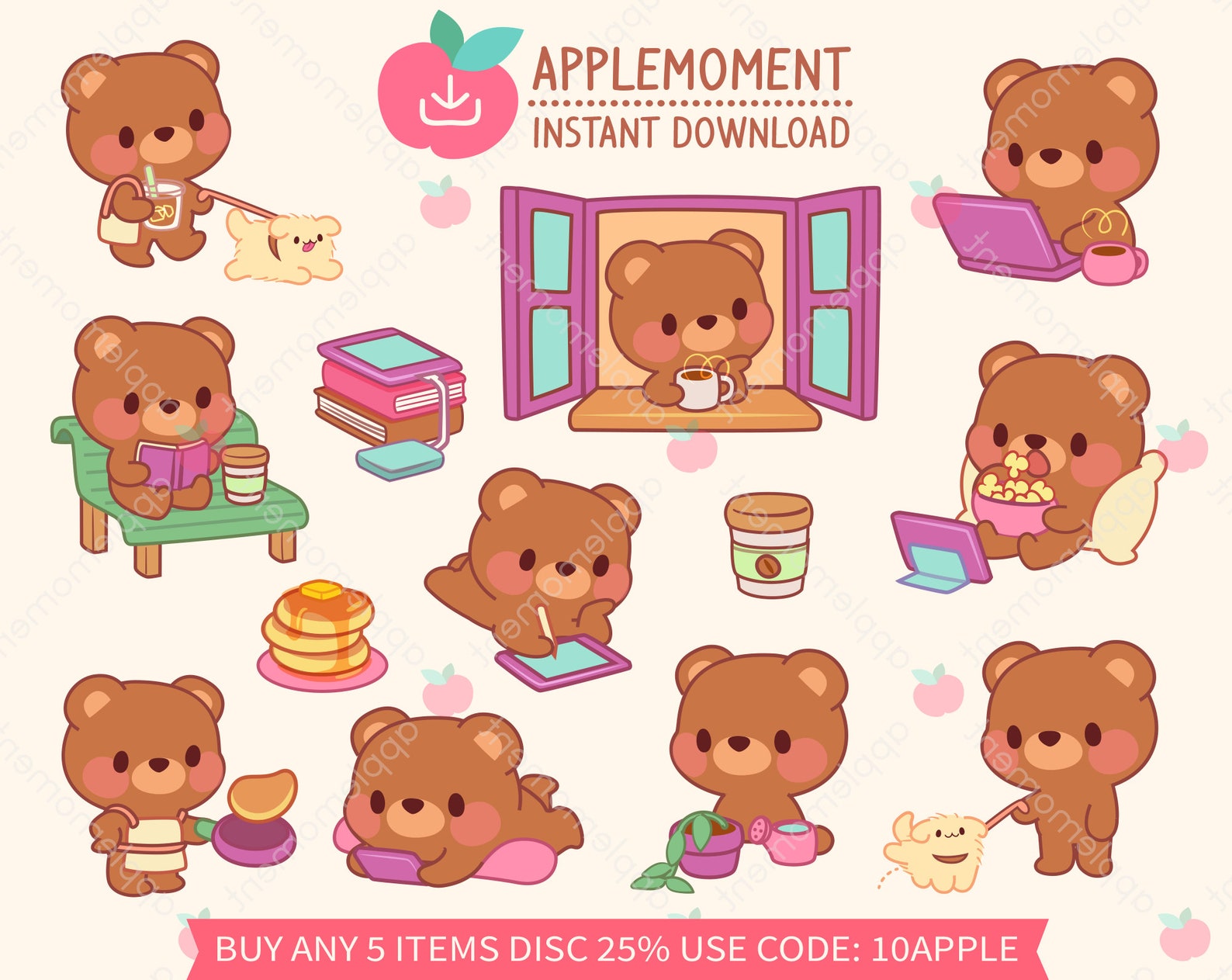 Cute Kawaii Printable Digital Stickers Clipart Daily Bear and Pet Dog ...