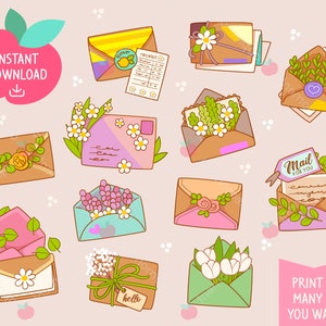 Adesivos digitais fofos para impressão Kawaii Clipart Rainbow Daisy Mailer Envelopes e cartas de correio, adesivos de planejador para impressão, PNG, comercial
