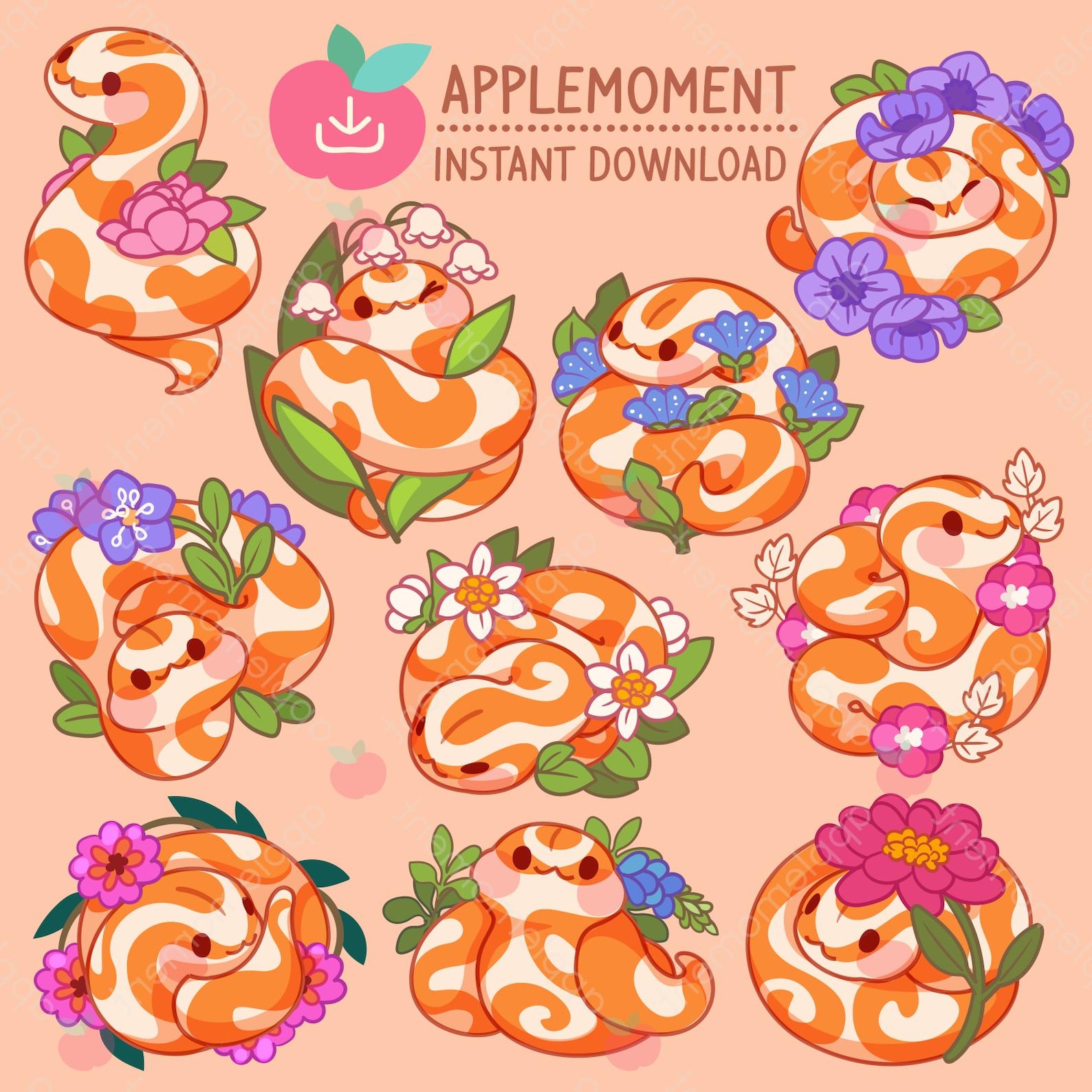 Kawaii Ball Python Stickers, Flower Clipart (digital Download) - Etsy