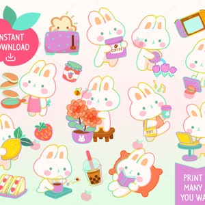 Schattig Kawaii digitale Clipart Rainbow Bunny doen dagelijkse klusjes, konijn, afdrukbare planner stickers, commercieel