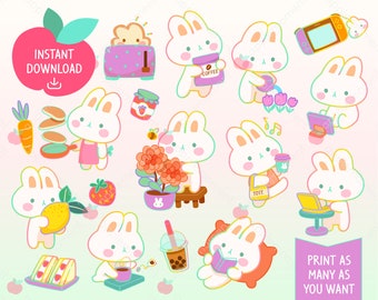 Cute Kawaii Digital Clipart Rainbow Bunny Doing Daily Chores, Rabbit, Printable Planner Stickers, Commercial
