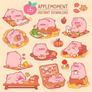 Simpatici adesivi digitali stampabili Kawaii Clipart Animali Maiale e amici Picnic durante la stagione autunnale, PNG, Commerciale