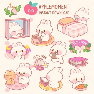 Stickers numériques imprimables kawaii mignons Clipart Bunny Rabbit Prayer, PNG, Commercial