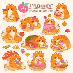 May include: A collection of orange and white cartoon cats in various autumn scenes. One cat holds an acorn, another wears a pink scarf, and others read books or drink tea. The image includes the text "APPLE MOMENT INSTANT DOWNLOAD".