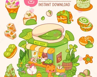 Kawaii Katze Pistazie Cafe Clipart Aufkleber, kommerzielle PNG (digitaler Download)