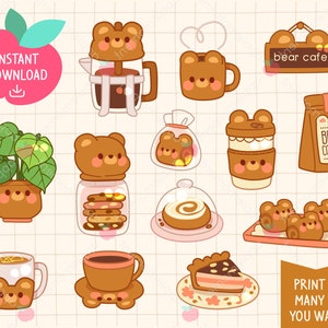 Puede incluir: Un conjunto de pegatinas imprimibles con ilustraciones de cafetería de osos adorables. Las pegatinas incluyen una cafetera, una taza de café, un pastel, una planta, una bolsa de granos de café y un letrero que dice "bear cafe".