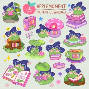 Süße Kawaii druckbare digitale Aufkleber Clipart Tiere Witchy Frosch Bibliothekarin, PNG, kommerziell