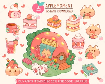 Cute Kawaii Printable Digital Stickers Clipart Animal Kitty Cat Strawberry Shop, PNG, Goodnotes, Commercial