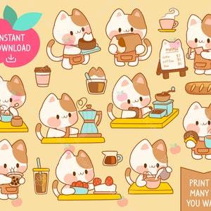 Katze Aufkleber Bäckerei Kaffee Cafe süße Kawaii druckbare digitale Clipart Regenbogen Kitty, Essen und Getränke, druckbare Planer, PNG, kommerziell