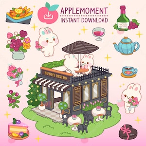 Schattige kawaii afdrukbare digitale stickers clipart dieren konijn romantisch diner in een restaurant, png, commercial