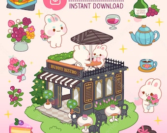 Kawaii Hase Restaurant Clipart Aufkleber, PNG (digitaler Download)