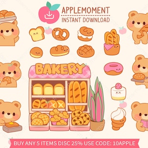 Süße Kawaii druckbare digitale Aufkleber Clipart Braunbär Bäckerei Shop, PNG, Goodnotes, kommerziell