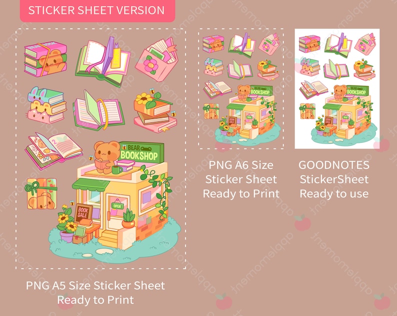 Cute Kawaii Printable Digital Stickers Clipart Brown Bear Book Shop ...