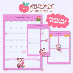 May include: A set of printable planners in pink with a monthly plan, weekly plan, and a plan for daily tasks. The planners feature illustrations of a sugar glider with school supplies and the text "APPLEMOMENT INSTANT DOWNLOAD".