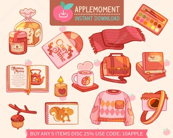 Kawaii Cozy Life Clipart Aufkleber: Eichhörnchen, Hygge PNG (Digital)