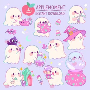 Kawaii lila spöke clipart-klistermärken, häxkatt PNG (digital nedladdning)