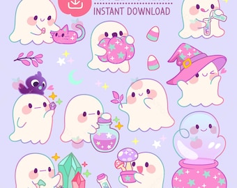 Kawaii Purple Ghost Clipart Stickers, Witch Cat PNG (Digital Download)