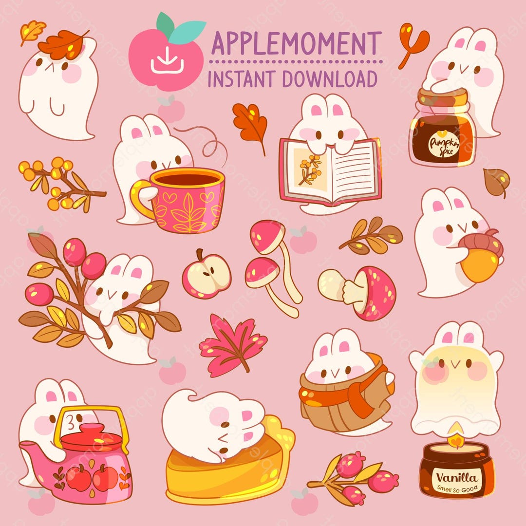 Kawaii Fall Ghost Bunny Stickers, Autumn Clipart (PNG Digital Download ...