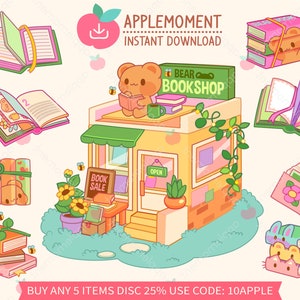 Süße digitale Kawaii druckbare Aufkleber Clipart Braunbär Buchladen, Bücherwurm, Buchliebhaber, PNG, Goodnotes, kommerziell