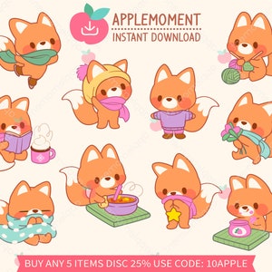 Niedliche Kawaii druckbare digitale Aufkleber Clipart Cosy Winter Fox, PNG, Goodnotes, kommerziell