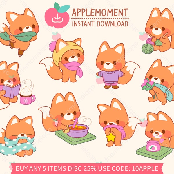Cute Kawaii Printable Digital Stickers Clipart Cozy Winter Fox, PNG, Goodnotes, Commercial