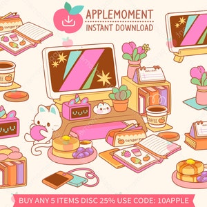 Süße Kawaii druckbare digitale Aufkleber Clipart gemütlich Lerntisch, Kitty Katze, PNG, Goodnotes, kommerziell