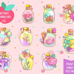 Könnte beinhalten: Satz von zehn bunten Cartoon-Illustrationen von Glasflaschen mit verschiedenen floralen und kristallinen Designs. Jede Flasche hat einen Korkverschluss und ist mit einer bunten Flüssigkeit gefüllt. Die Flaschen sind von einem rosa Hintergrund mit Konfetti umgeben.