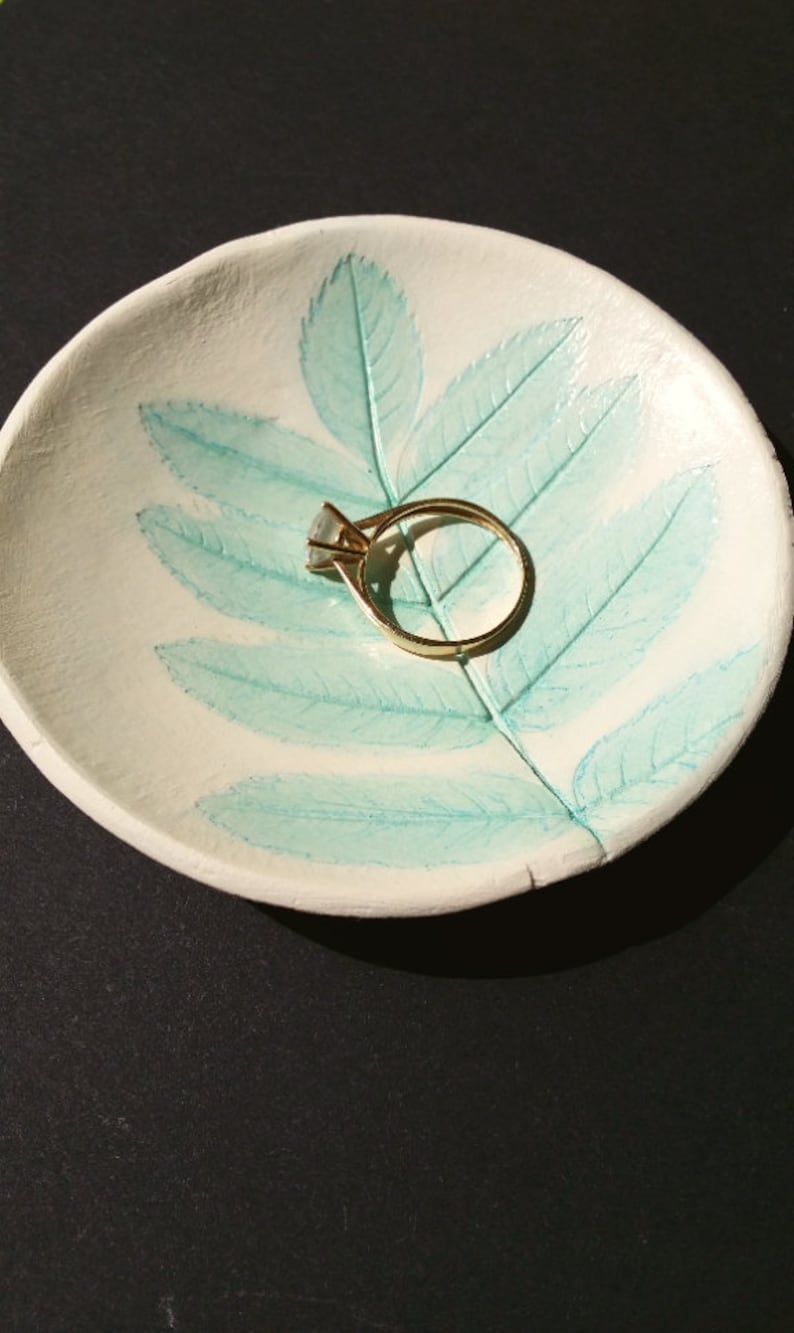 clay bowl jewelry bowl leaf blue stencil ring dish
