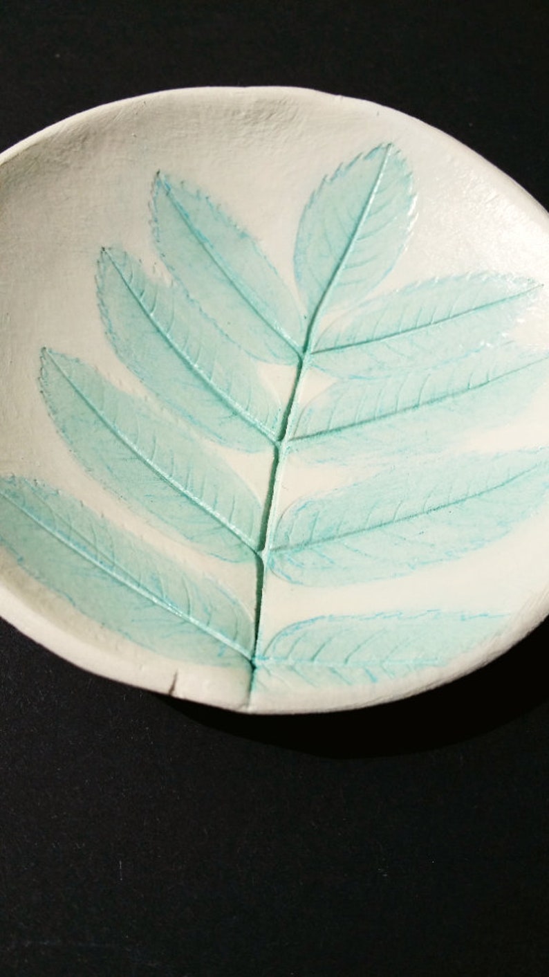 clay bowl jewelry bowl leaf blue stencil ring dish