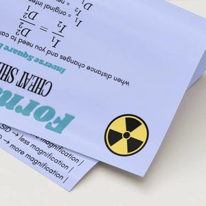 Könnte beinhalten: Ein hellblaues Formel-Cheat Sheet mit Text und Formeln, einschließlich des Inversen-Quadrat-Gesetzes. Das Blatt hat ein Strahlungssymbol und Text über die Vergrößerung.
