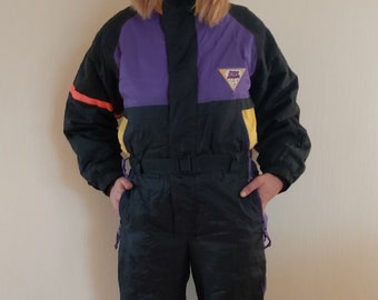 Vintage 80s Men Black Purple Yellow One Piece Winter Snow Jumpsuit Ski Suit Large to X Large Size