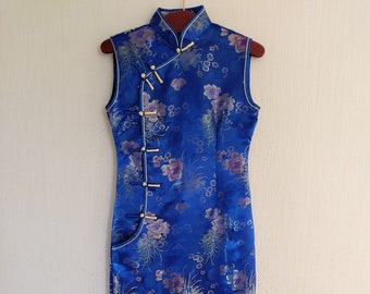 Vintage Asian Style Chinese Traditional Blue With Flower Dress XSmall to Small Size