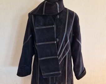 Vintage Finland Black Womens Suede Leather Winter Coat  Size Large