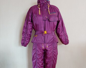 Vintage 90&#39;s Purple Womens One Piece Winter Jumpsuit Retro Snowsuit Hipster Activewear Ski Suit Small Size Nylon Skiing Suit