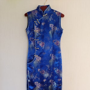 Vintage Asian Style Chinese Traditional Blue With Flower Dress XSmall to Small Size