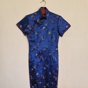 Vintage Asian Style Chinese Traditional Blue With Flower Dress XSmall to Small Size