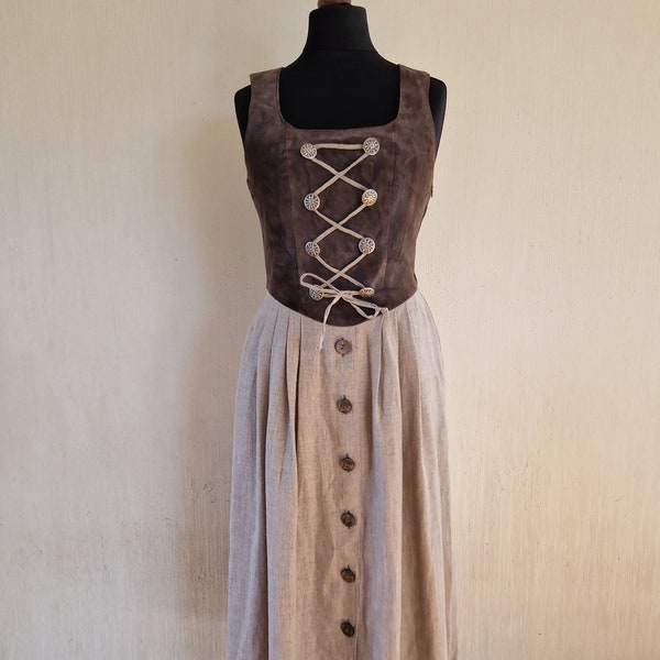 Vintage Womens Dirndl Bavarian Oktoberfest Seude Leather/Linen Dresses Small to Medium Size