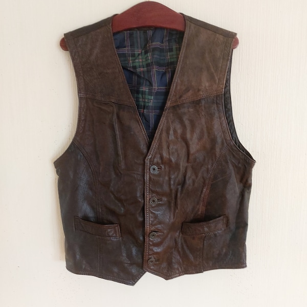 Vintage Dark Brown Genuine Leather Mens Vest Large Size