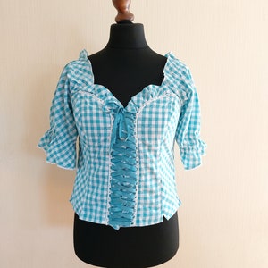 Vintage Dirndl Gingham Plaid Women Summer Trachten Austrian Folk Blouse Size Large