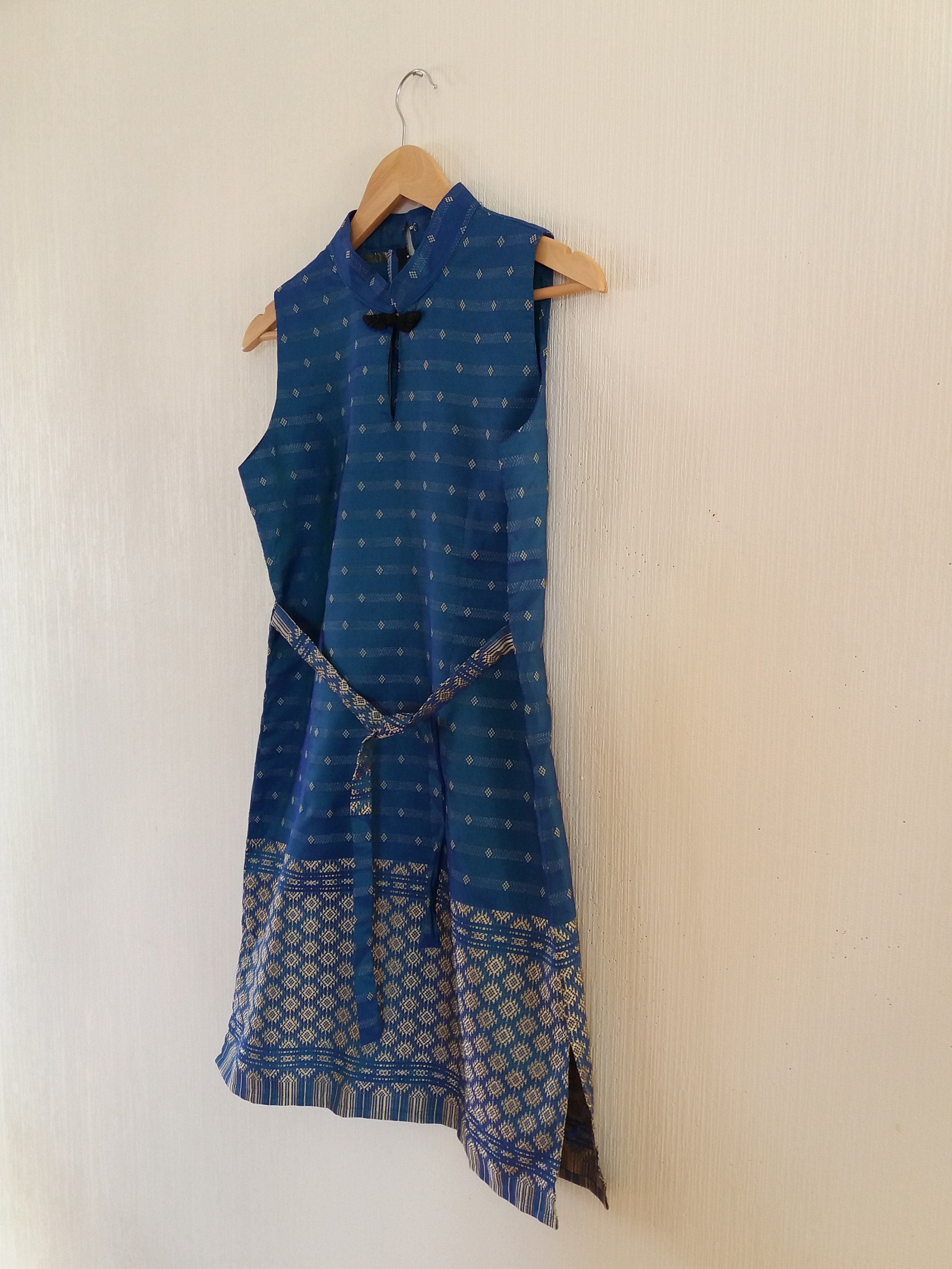 blue and gold asian dress Blue Qipao Dress Gold Dragon Embroidered Chinese Dress