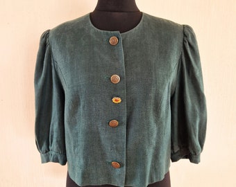 Vintage Grüner Damen Trachtenloden Traditioneller bayerischer österreichischer Tiroler Oktoberfest Leinenblazer Größe Medium