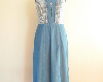 Vintage Blue/White Plaid Checkered Summer Cotton Dirndl Bavarian Oktoberfest Dresses