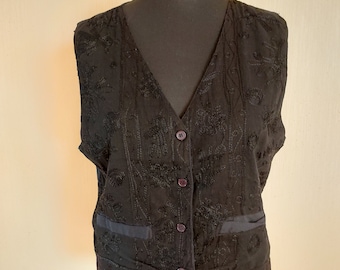Chaleco vintage de algodón bordado para mujer, color negro, talla mediana a grande
