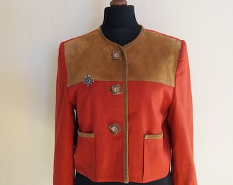 Vintage Dark Orange Women German Trachten Loden Cardigan Traditional Bavarian Austrian Tyrolean Octoberfest Blazer Size Medium