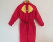 Children Red/Yellow One Piece Patterned Retro Hipster Winter Ski Suit Size 152