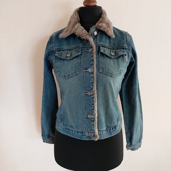 vintage Blue Denim Femmes Faux Fur Col Veste Taille Moyenne