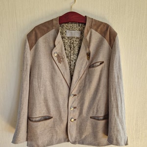 Vintage Classic Austrian  Mens Tyrolean Traditional Folk Bavarian Linen With Seude Leather Jacket Size XLarge