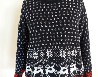 Vintage Dunkel Blau Weihnachten Gestrickte Winter Wolle Pullover Mittlerer Größe