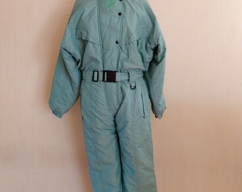 Vintage 90s Unisex Light Green One Piece Hipster Retro Snow Jumpsuit Ski Suit Size Large to XLarge