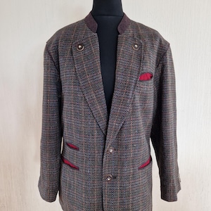 Vintage Mens Loden Plaid Traditional Folk Austrian Blazer Bavarian Tyrolean Jacket Large Size